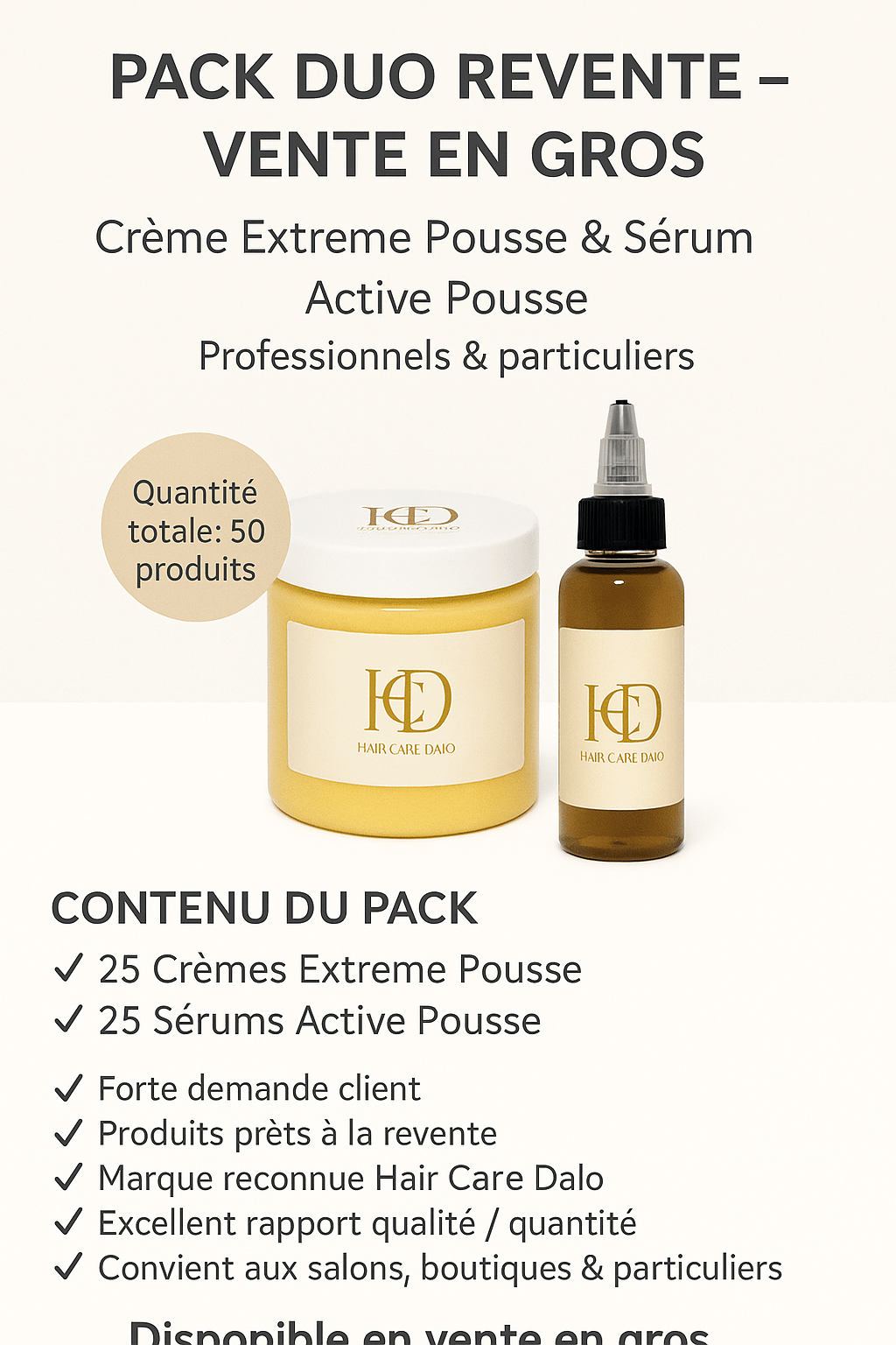 Pack Duo Revente – 25 Crèmes Extreme Pousse & 25 Sérums Active Pousse (Vente en gros)